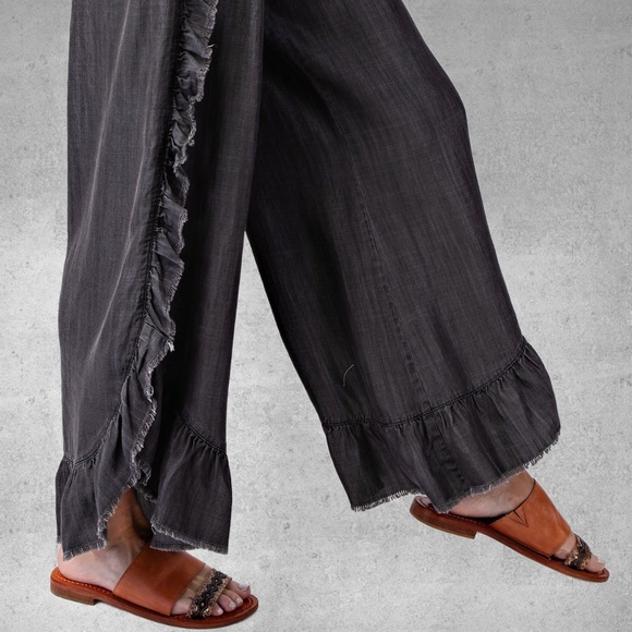 EASEL Raw Ruffle Trim Lightweight Pants Elastic & Drawstring Waist & Scooped Hem - Picture 9 of 16